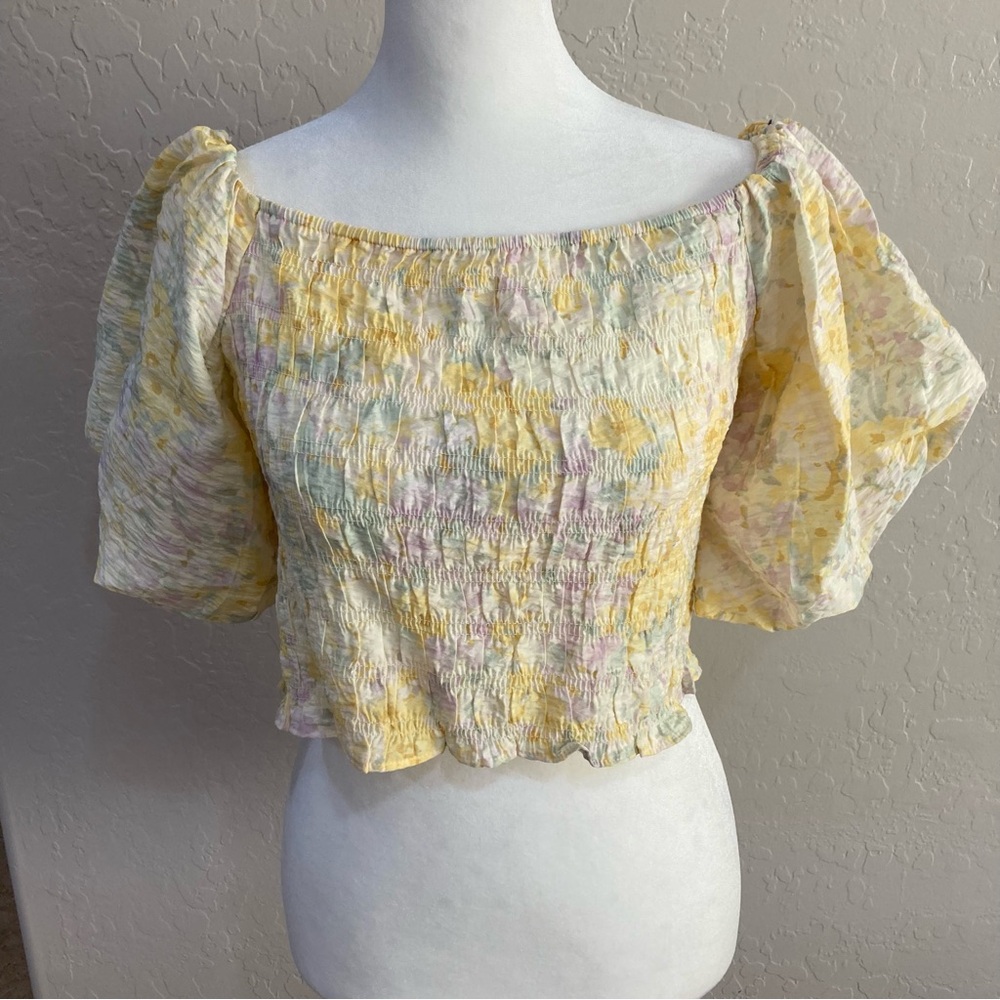 H&M Yellow and Lilac Floral Off Shoulder Puff Sleeve Top Size M